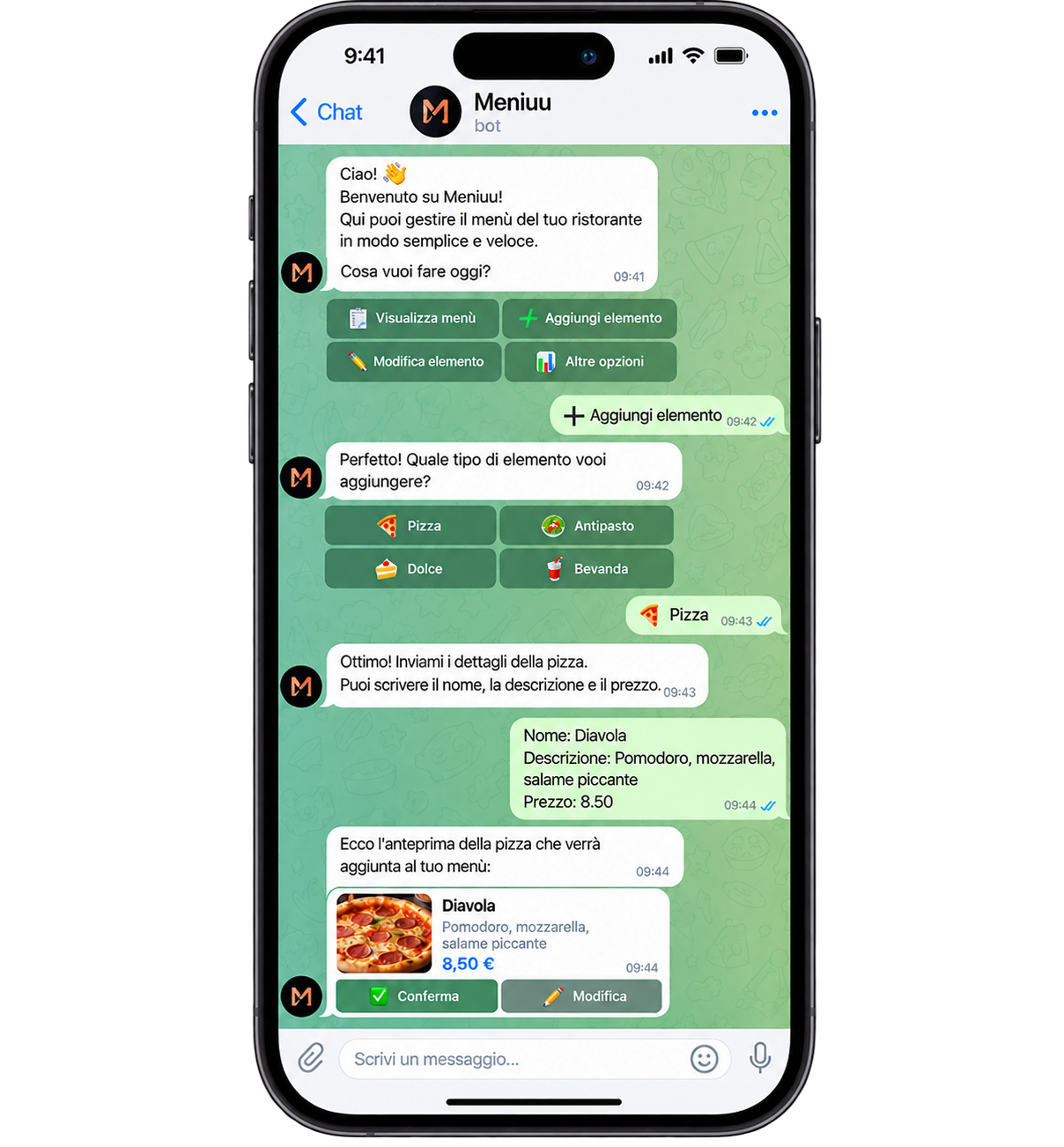 Chat con il bot Meniuu per gestire il menù del ristorante